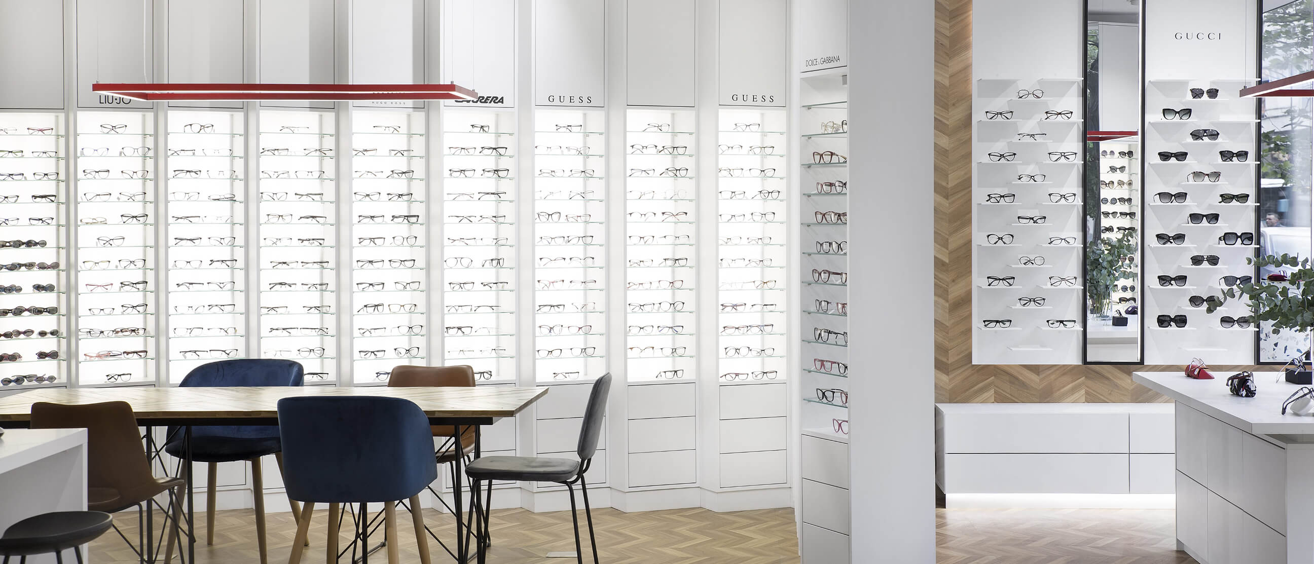 An optics store with a large selection of glasses.